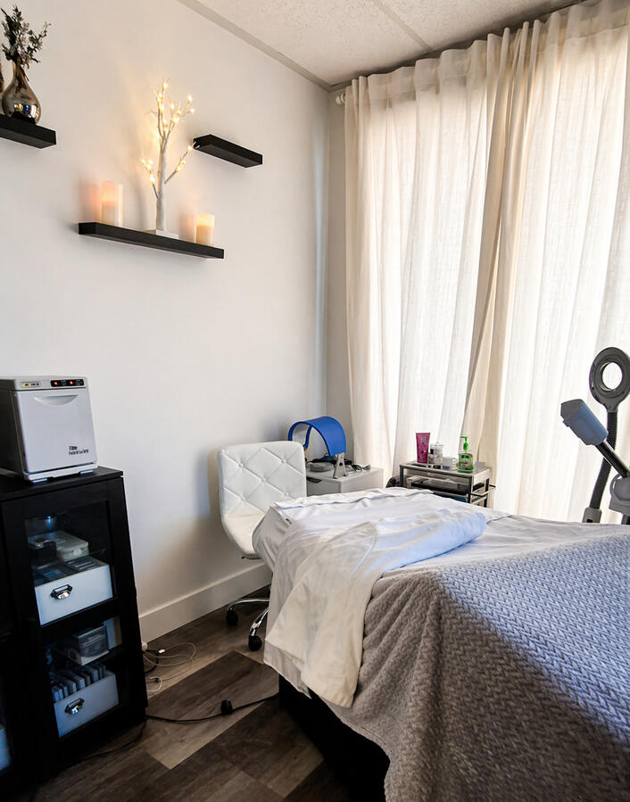 Anita-spa-studio-lash-facial-room-salt-lake-city Modern beauty spa treatment room at Anita Spa Studio in Salt Lake City featuring facial bed, lash equipment, and relaxing minimalist decor.