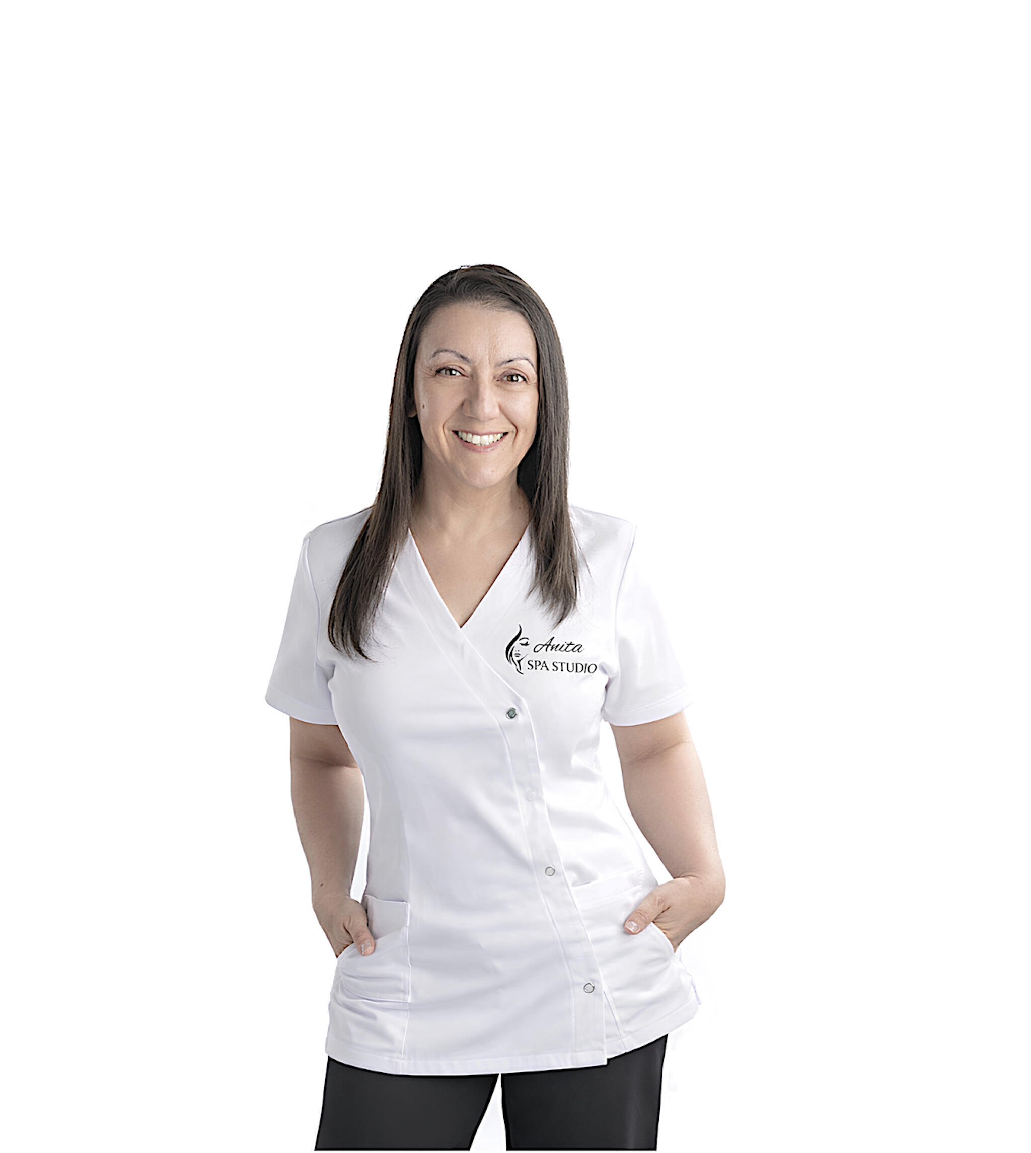 anita-spa-studio-licensed-esthetician-white-uniform-utah Professional licensed esthetician wearing a white uniform at Anita Spa Studio, smiling and ready to provide skincare treatments.